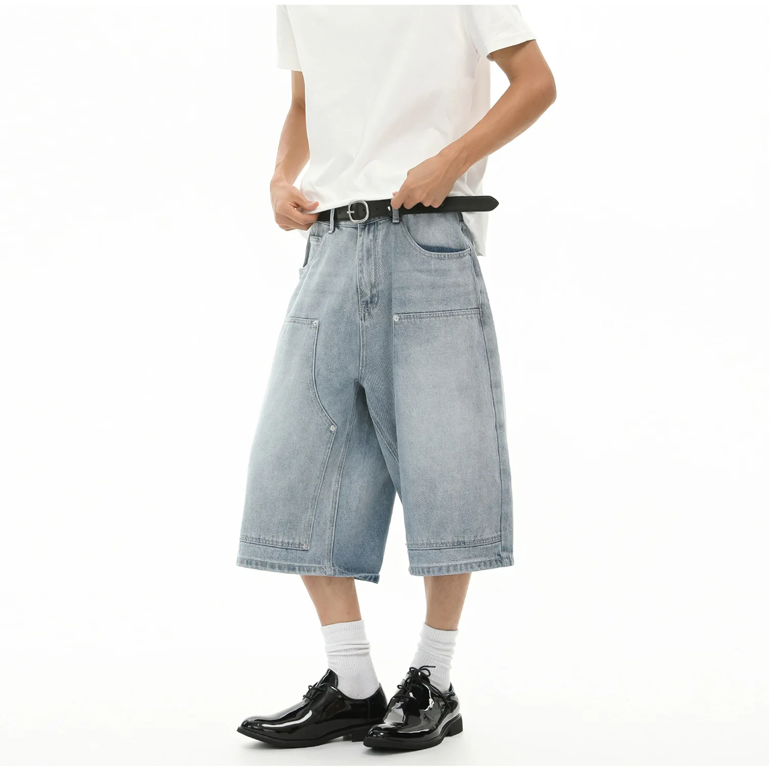 2026 Summer Men's New American Street Splicing Logging Whitening Straight Tooling Washed Denim Cropped Pants Loose