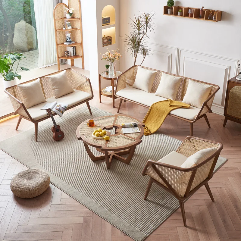 

Wabi Sandy Wind Solid Wood Rattan Sofa Combination Retro Living Room Ash Wood Leisure Rattan Chair Three-person Small Apartment