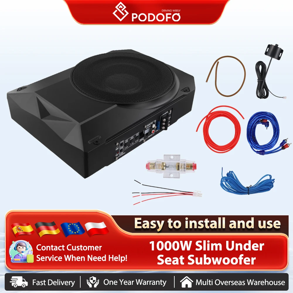 Podofo 10 "Subwoofer mince sous le siège alimenté actif 1000W voiture basse caisson de basses Audio lecteur de musique pour voiture camion système sonore
