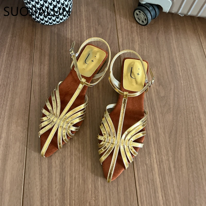 SUOJIALUN 2024 Summer New Brand Women Sandal Fashion Narrow Band Ladies Elegant Slingback Sandals Flat Heel Dress Mules