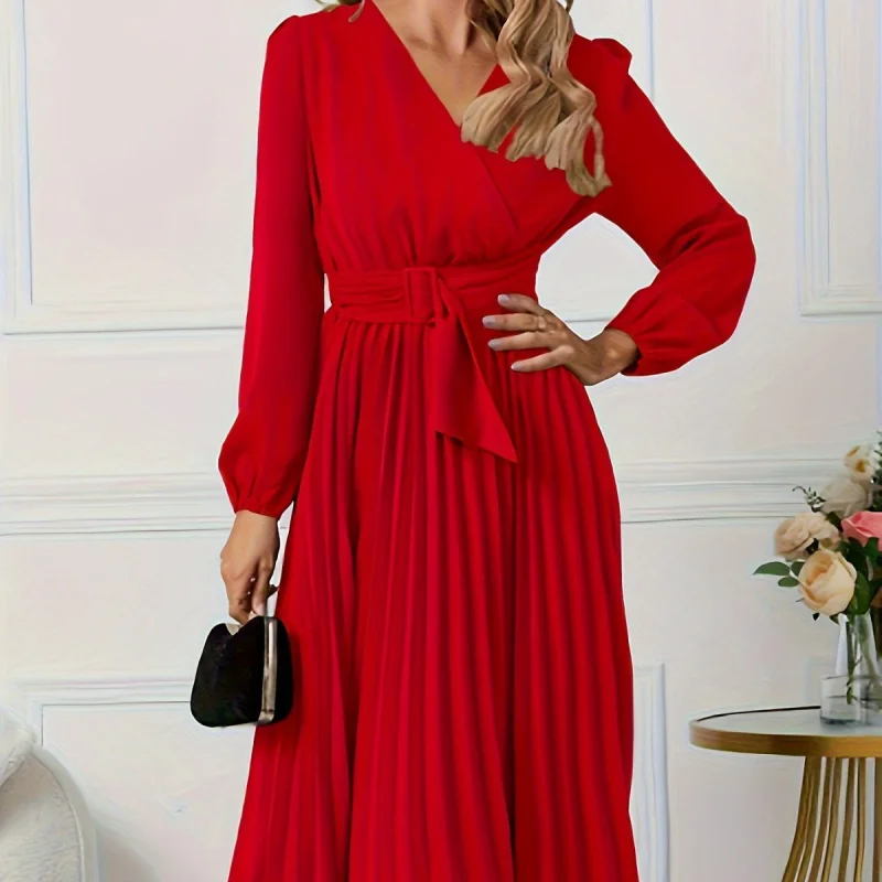 Plus Size Cross-Border European and American Fashion Elegant RedVCollar Lace-up Pleated Mid-Length Dress