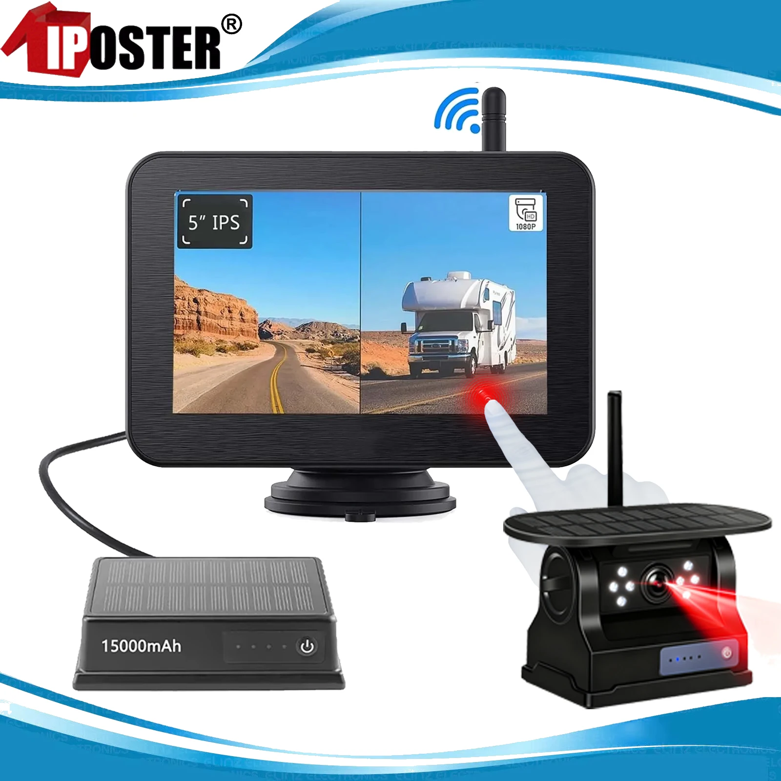 

iPoster Wireless Solar Backup Camera 15000mAh Power Bank 5" IPS Touch Screen DVR Monitor For Horse Float Caravan Rvs Van Trailer