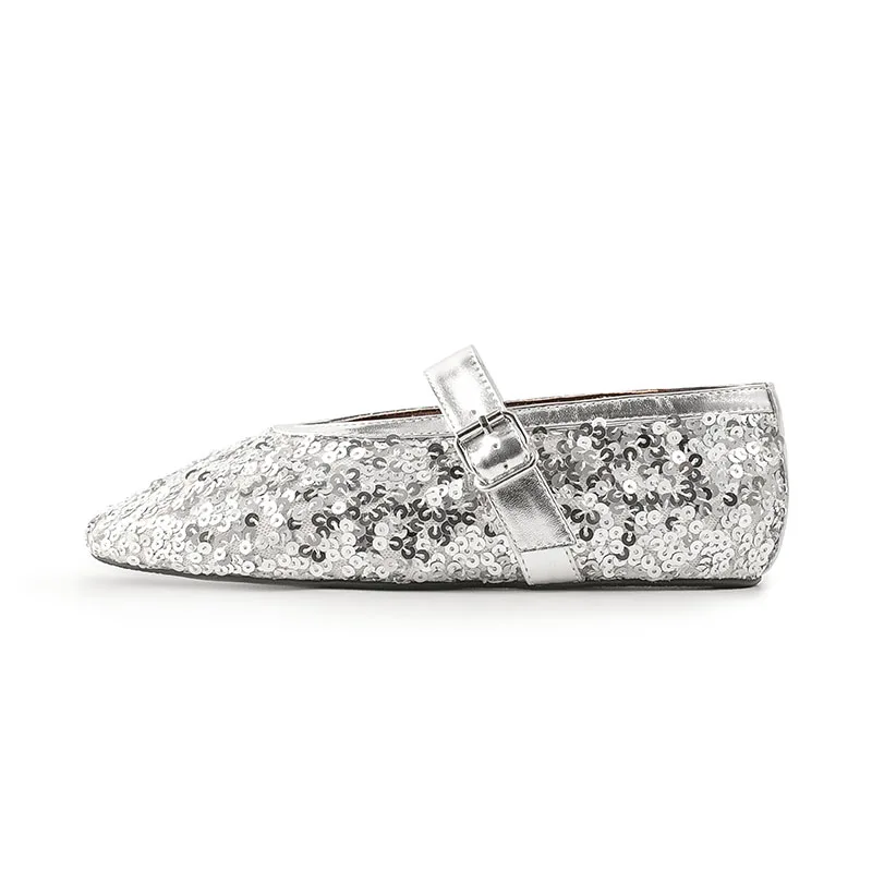 

Arden Furtado Summer Round toe Hollow Sequined Cloth Single shoe Metal leather Patchwork Shallow Belt buckle Flat Women's shoes