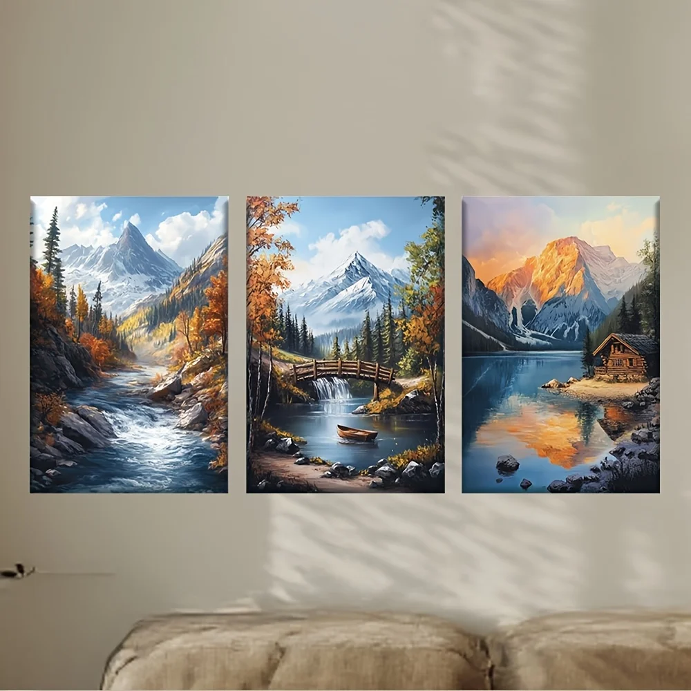 3pcs/Set, Canvas Painting--Unframed, Rivers, Streams And Cabins in The Woods, Beautiful, Sunset, Blue Sky, White Clouds, Autu