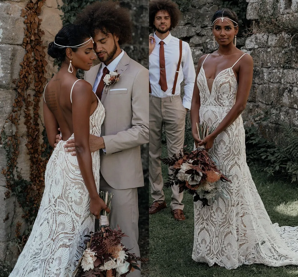 

Кружевное пляжное свадебное платье русалки с вырезом и открытой спиной на тонких бретельках, сексуальные богемные свадебные платья с низким вырезом