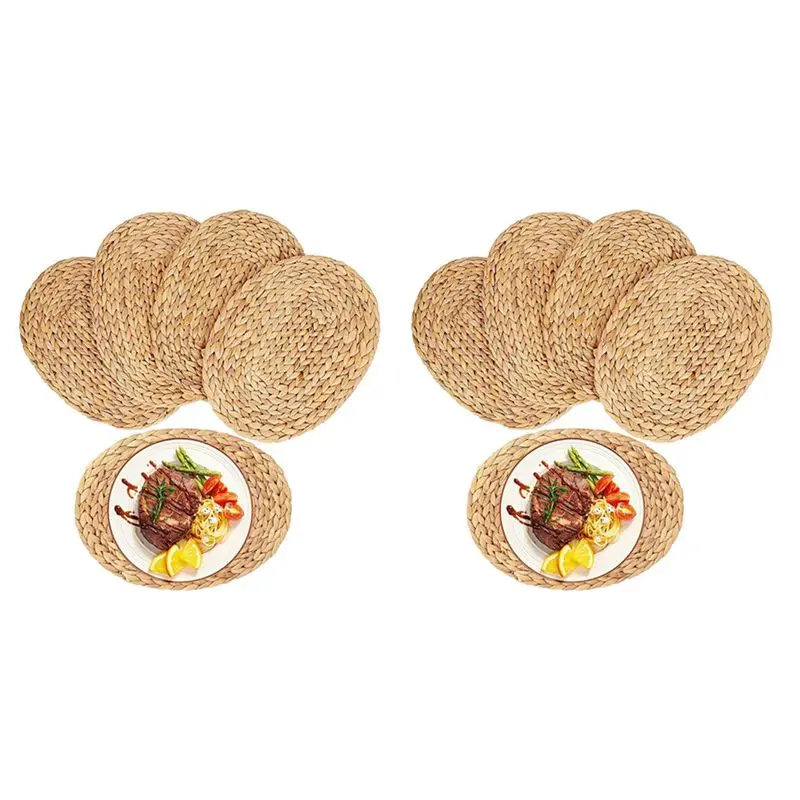 ABGE-Oval Woven Placemats, Natural Water Hyacinth Placemats , Straw Braided Rattan Placemats, 12X16 Inches 8Pack