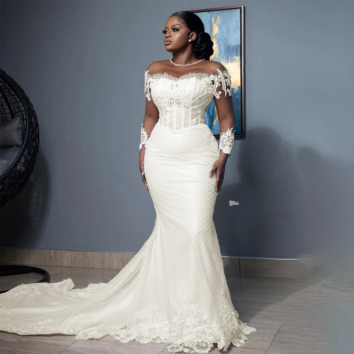 Customized Mermaid Wedding Dresses For Bride Women Elegant Sheer Long Sleeves Bridal Gowns Lace Customized Vestido De Novia image 4
