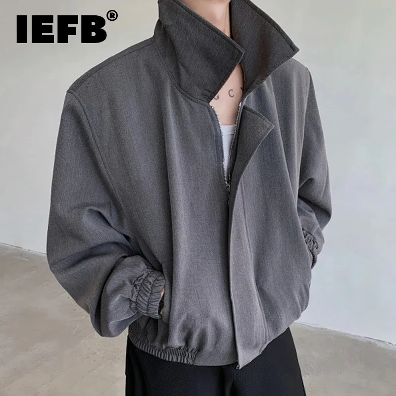 

IEFB Men's Korean Style Texture Shoulder Pad Jacket Turn-down Collar Zipper Male Jackets 2024 New Trendy Men Wear 9C7047