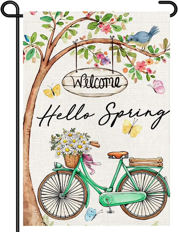 Spring Garden Flag 12x18, Hello Spring Bicycle Welcome Floral Yard Flag, Double Sided Burlap Spring Decor for Porch Lawn Pat GGO