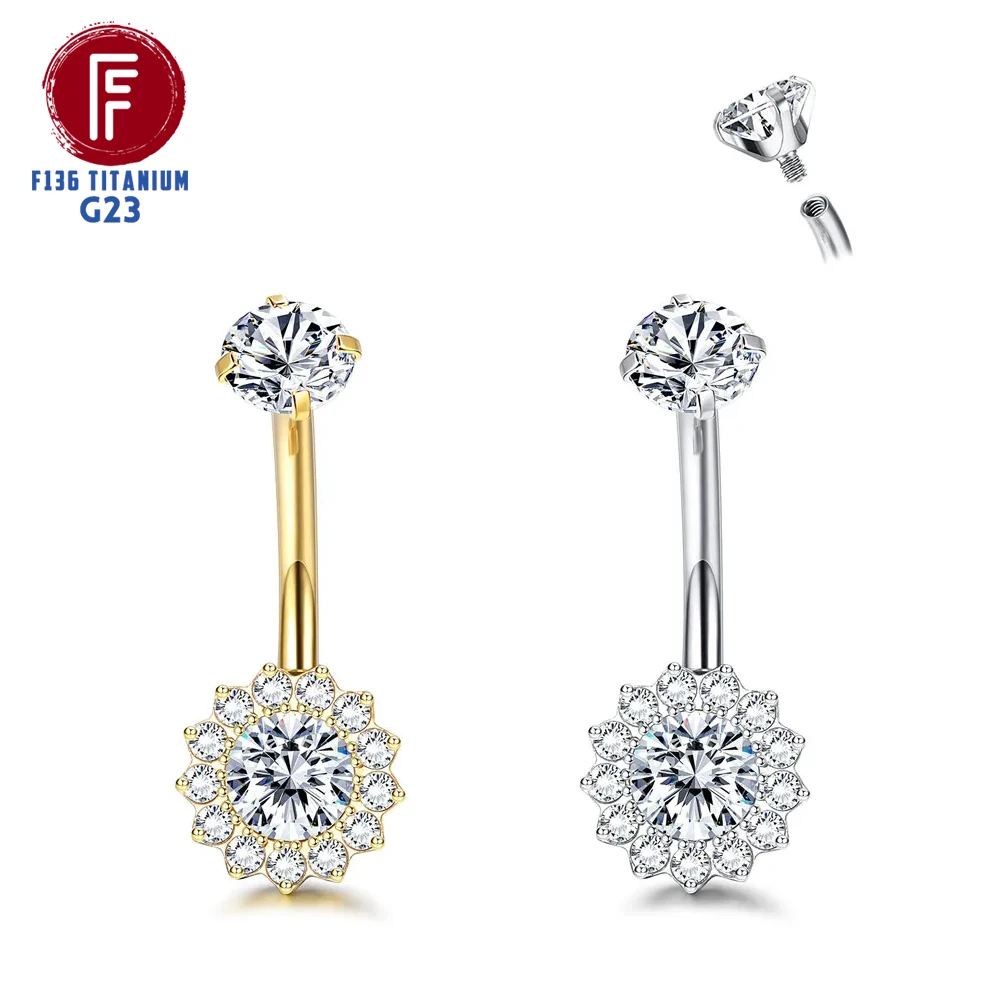 

F136 Titanium Belly Button Nail 14G Inner Threaded Sunflower with Zirconia Belly Button Ring Titanium Body Piercing Jewelry