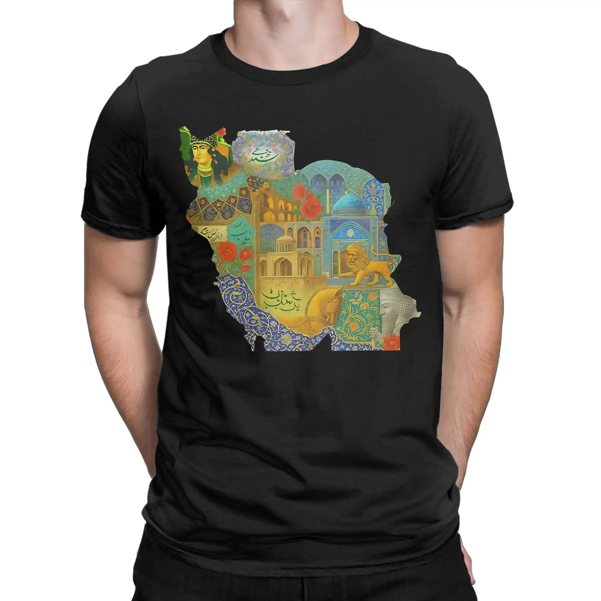 Map of Iran Collage Persian Empire Art Cotton T Shirt For Couple Summer Vintage T-Shirts O Neck Tee Shirt Oversized Print Tops