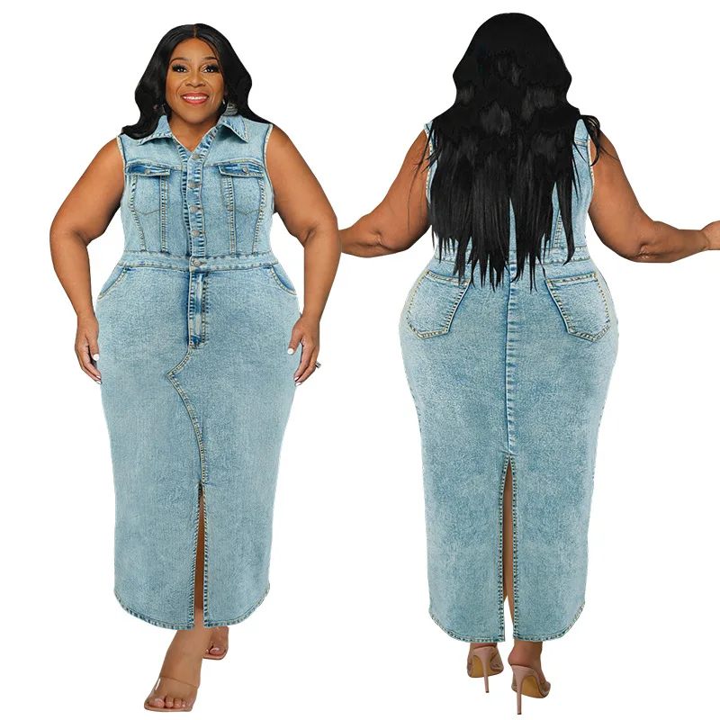 Large size Women Denim Dress Sleeveless Front Slit Turn Down Neck Buttons Fashion Plus Size Lady Dresses 2024 Summer