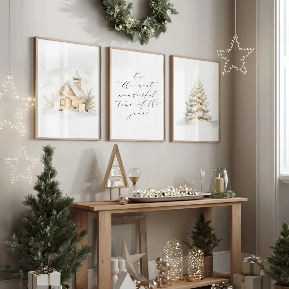 3pcs/set Christmas Tree and Farmhouse Canvas Printing Snowy Winter Christmas Wall Art Poster for Modern Living Room Home Decor