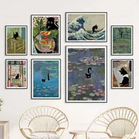 Funny Gift Canvas Poster  The Great Wave Cat Famous Painting by Monet Van Gogh Klimt Matisse  Retro Print Wall Art for Home Deco