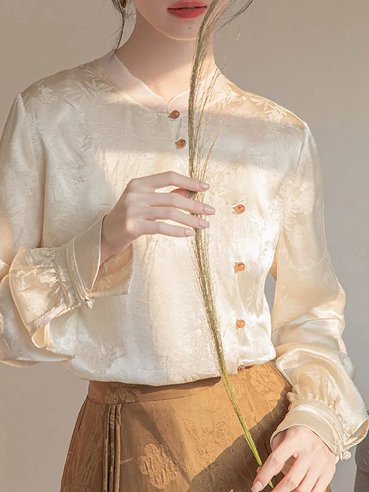 New Chinese Sle Embroidered Long Sve Casual irt Ele Slimming Age-Defng National Spirit Faionable Top