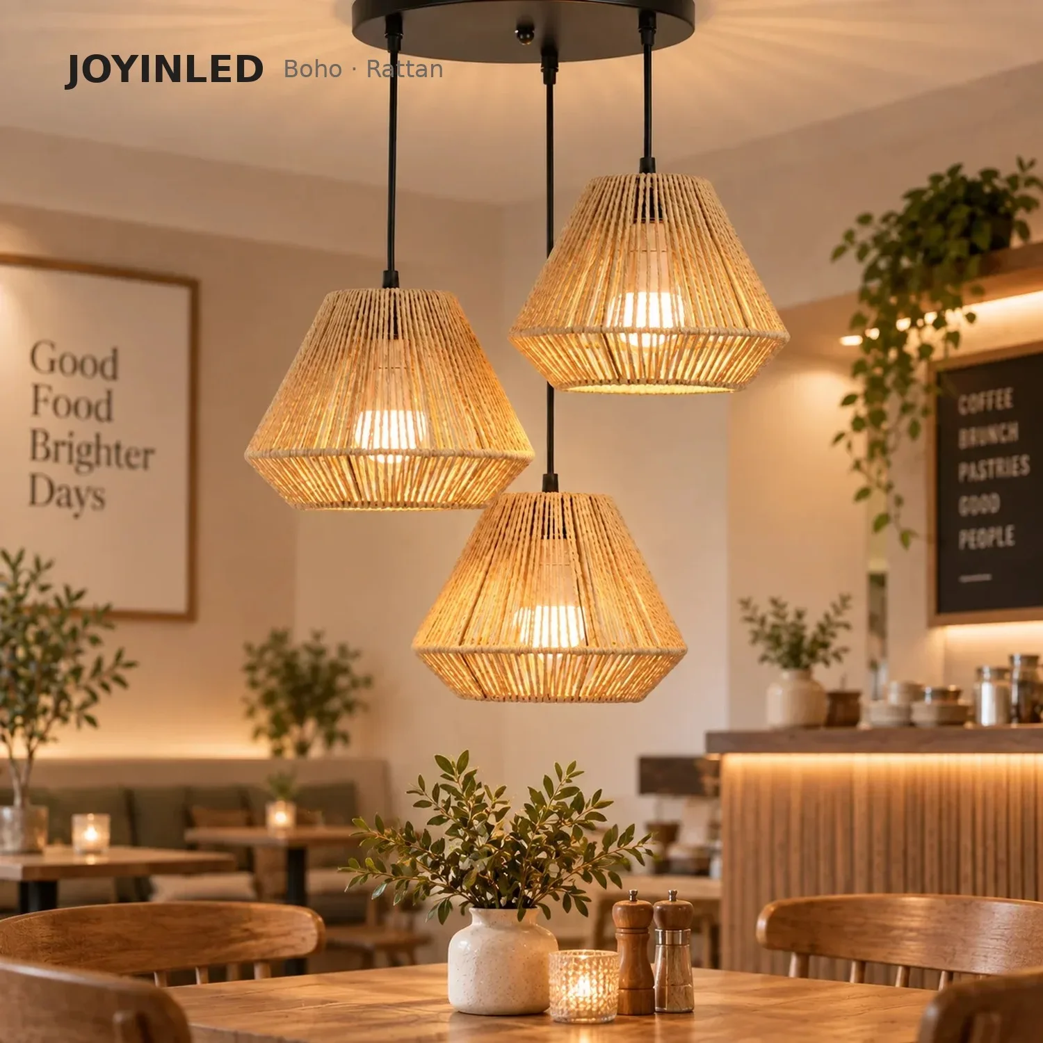 JOYINLED 3-Light Boho Rattan Wicker Hanging Pendant Light for Covered Patio, Showroom, Coffee Shop, Corner, Staircase E26 E27