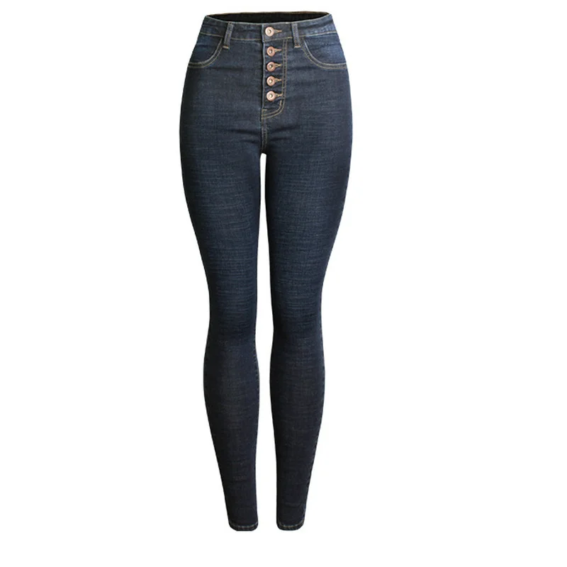 Calças femininas azul escuro de cintura alta, calça lápis espessa simples, jeans de botões múltiplos, moda outono e inverno