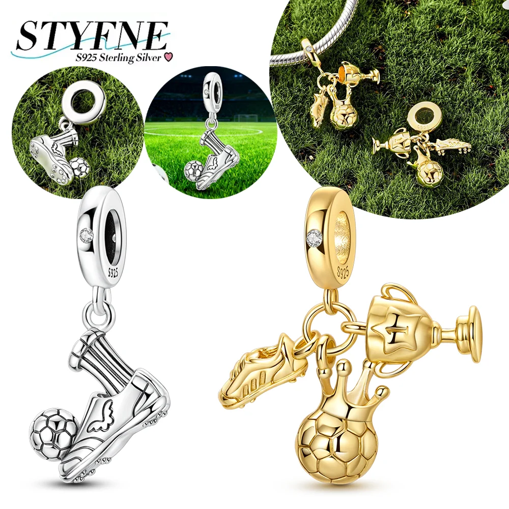 

925 Silver Golden Charms Football Shoes Trophy Beaded Pendant Fit Diy Exquisite Bracelet Fashion Jewelry Gifts for Football Fans