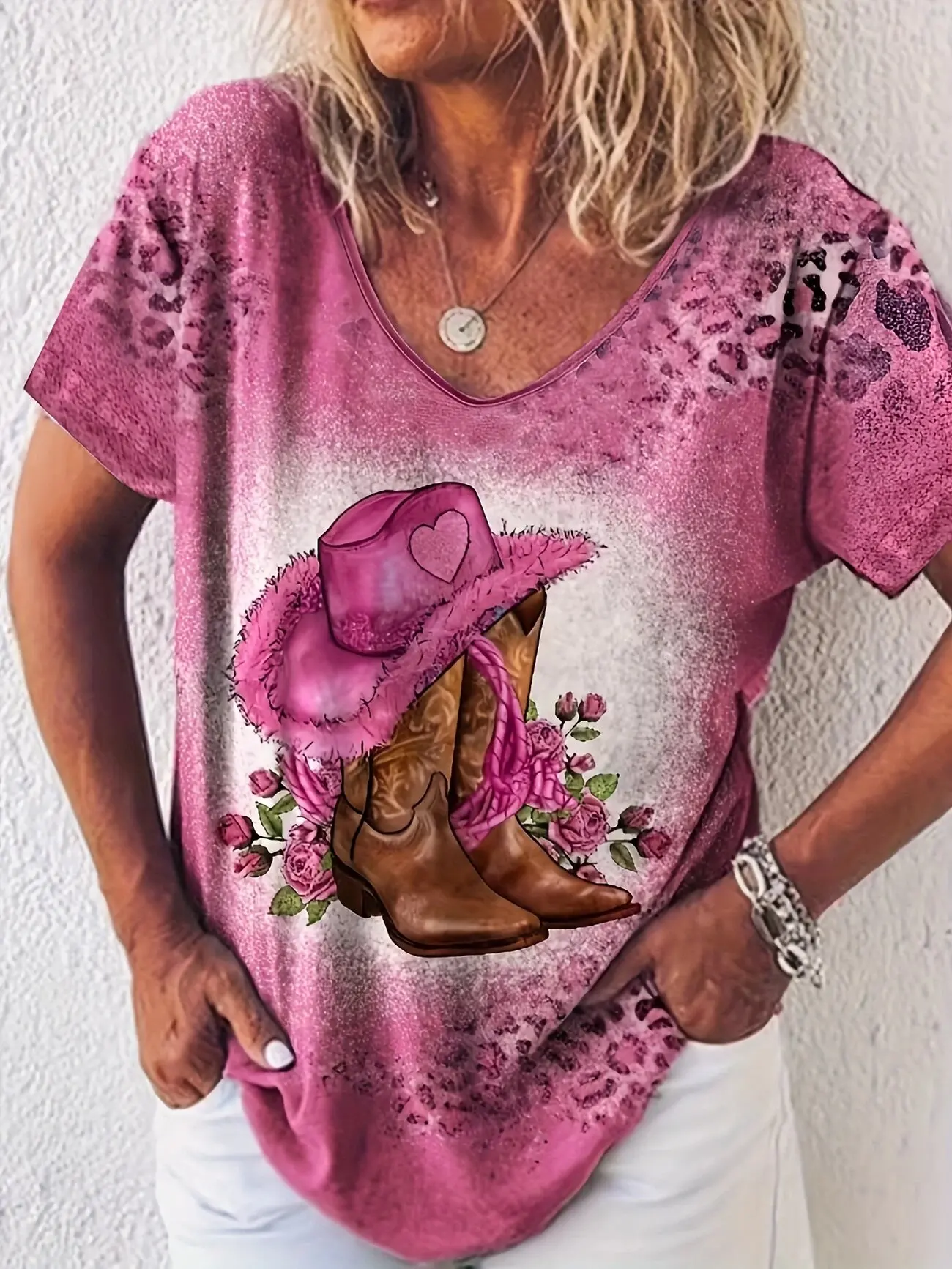 

Summer Ladies T-Shirt Western Cowboy Boots With Floral Pattern Printing Retro Fashion Casual Oversized V-Neck Women's Clothing