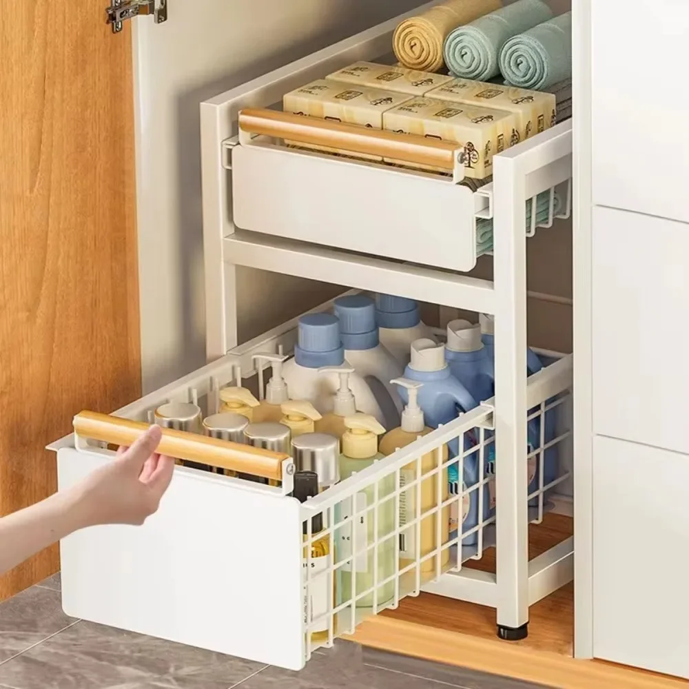 Under Sink Organizer Rack 1/2 Tier Basket Drawer Organizer Under Sink Cabinets Metal Organizer Shelf for Bathroom or Kitchen