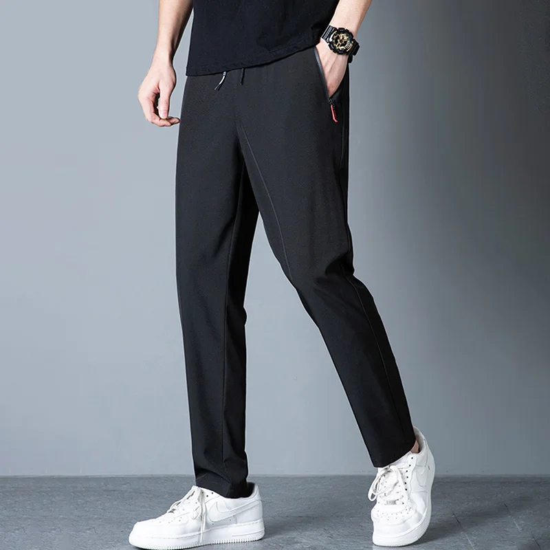 2 Pieces Straight Ankle-Length Pants Men Summer Ultra-thin Ice Silk Work Trousers Elastic Zipper Pockets Ankle-Length Pants