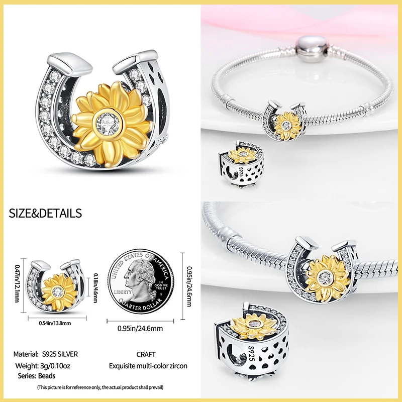 925 Sterling Silver Fashion Golden Sunflowers Heart Charms Beads Fit Qikaola 925 Original Bracelets Luxury Party DIY Jewelry