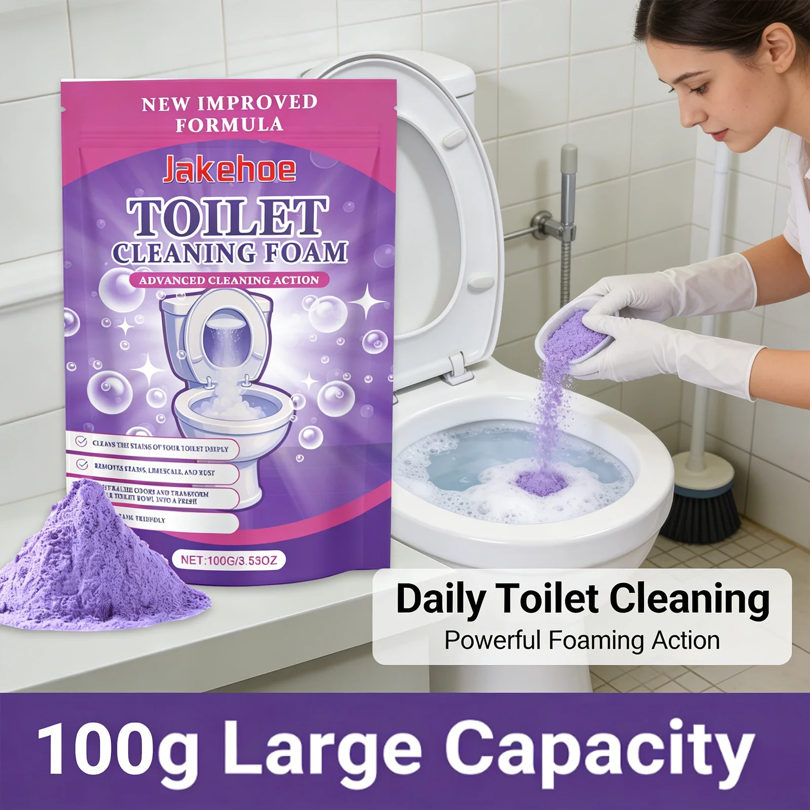 JAKEHOE Toilet Cleaning Powder Deep Clean Yellow Stain Remover Deodorizer Ceramic Surface Care Household Bathroom Cleaner 100g