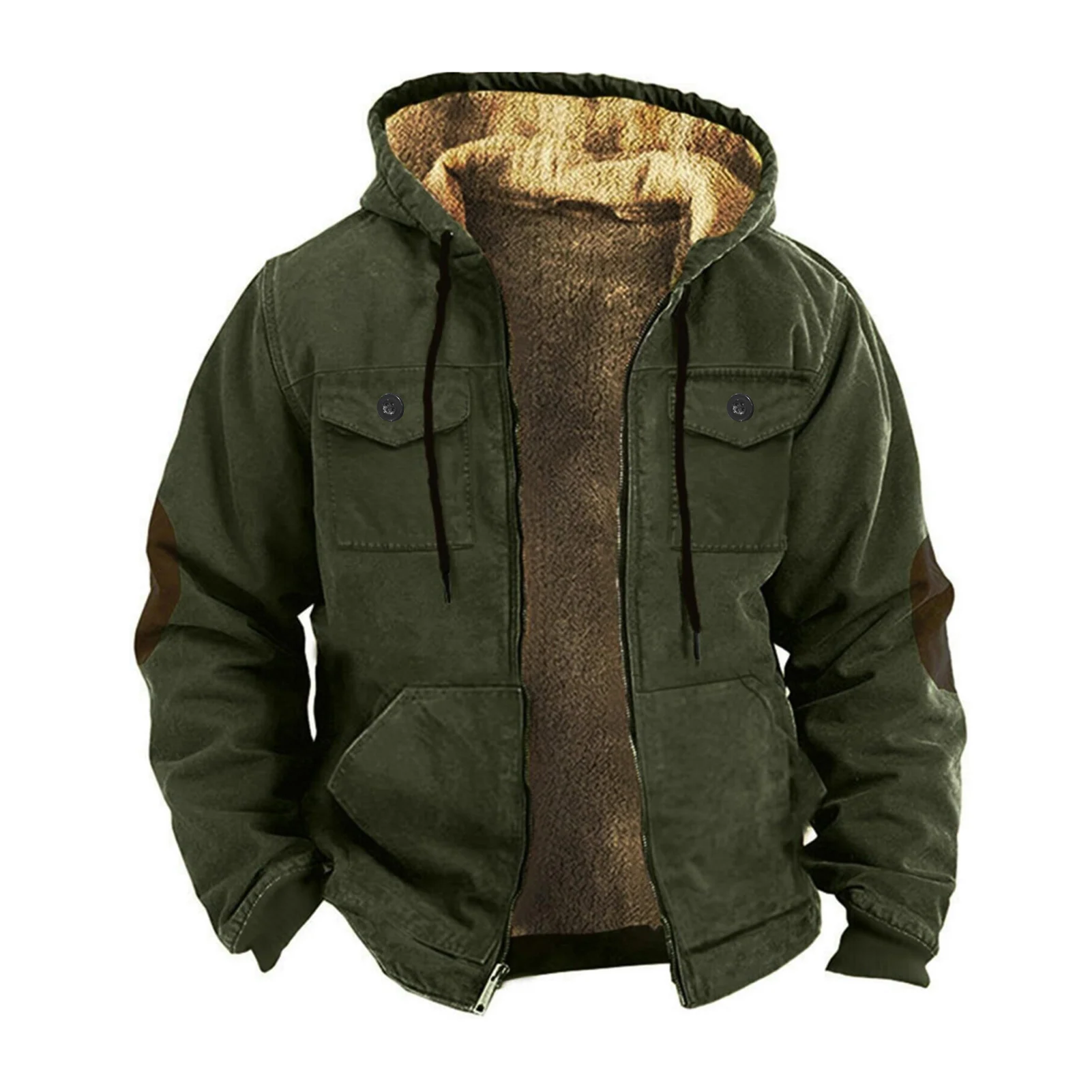 2025 Men Winter Sherpa Jacket Contrast Color Patchwork Fuzzy Coat Hooded Thick Warm Loose Fleece Streetwear Harajuku Parkas