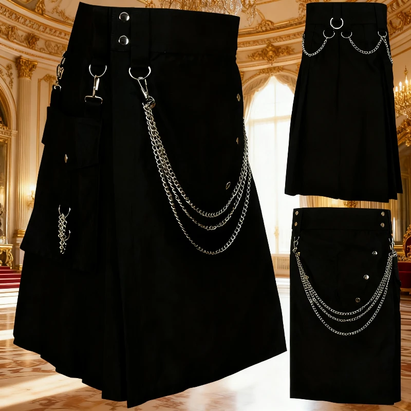 

High-quality Men's Pleated Skirt, Fashionable Kilt, Black Gothic Tartan Pleated Skirt