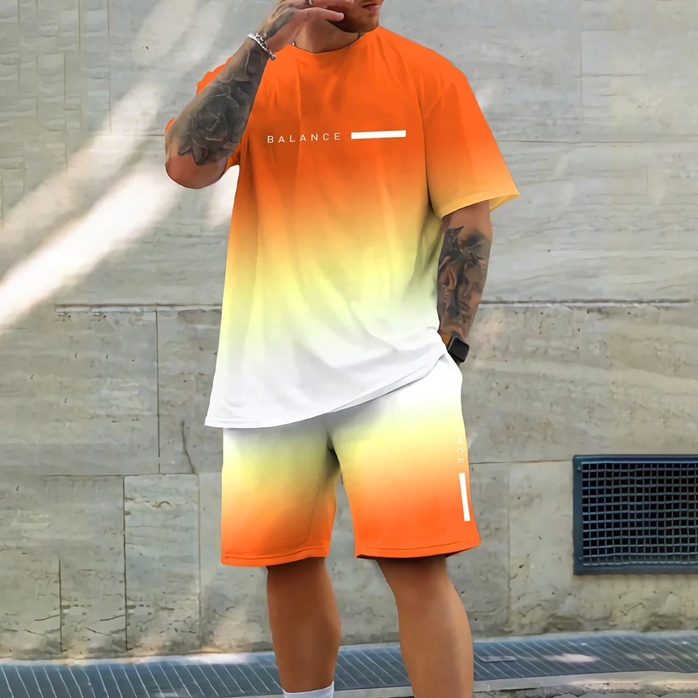 2026 الصيف التدرج اللون ثلاثية الأبعاد تي شيرت والسراويل 2 قطعة مجموعة في الهواء الطلق تنفس ملابس قصيرة الأكمام الركض اللياقة البدنية ملابس رياضية