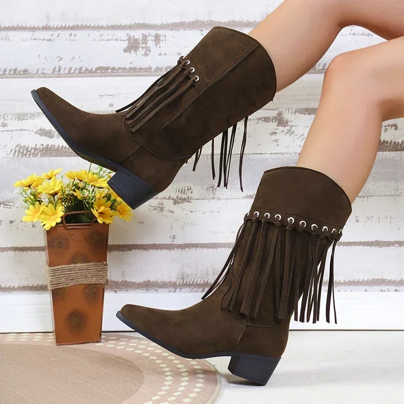 

Shoes Female Knee-High Women's Boots Pointed Toe Modern Boots Women Rivet Fringe Back Zip Med Heel Plus Size 42 43 Shoes Women