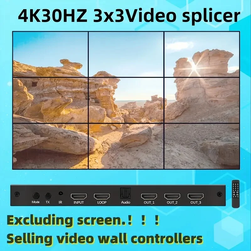 Video wall controller 3x3, HDMI 4K 30Hz TV wall processor, 1 input and 9 outputs, 180 degree rotation. Multiple splicing modes