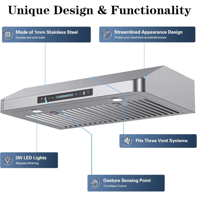 IKTCH 30 Inch Under Cabinet Range Hood, 900 CFM with 4-Speed Gesture Sensing & Touch Control, Stainless Steel Range Hood