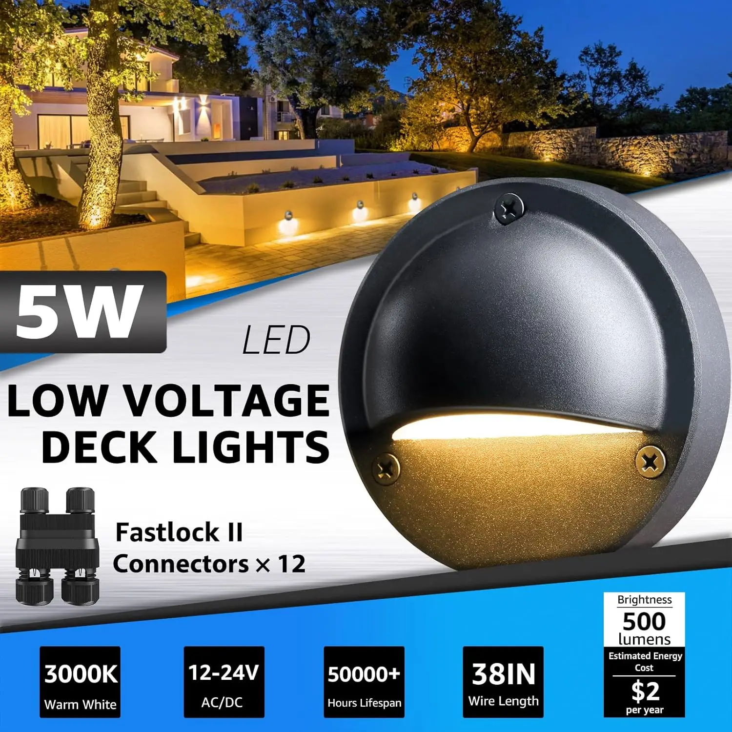 Sunvie Low Voltage Led Deck Lights With Fastlock2 Wire Connectors 5W Low Voltage Landscape Lights Waterproof 12-24V Outdoor