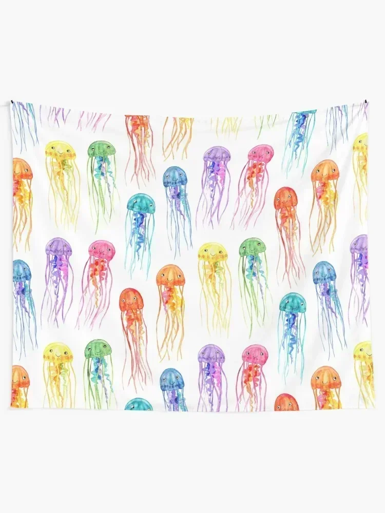 Rainbow Watercolor Jellies on White Tapestry Funny Room Decor Korean Style Tapestry