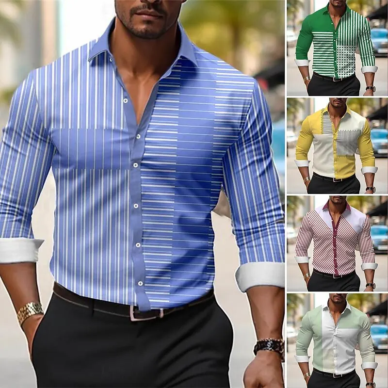 Men's Stripe Geometric Pattern Printed Shirts Long Sleeve Business Casual Outdoor Wear to work Daily Wear Spring & Summer Turndo