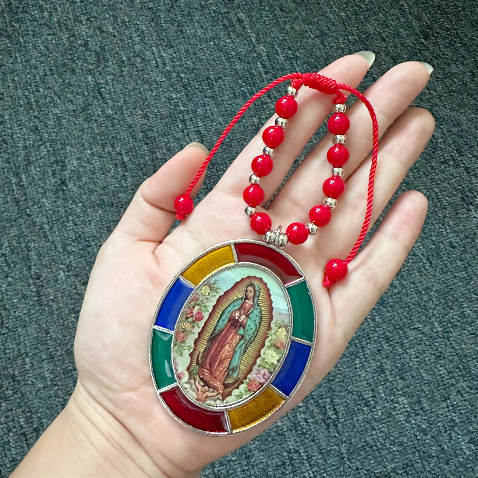 2PCS Virgin Mary / Saint Jude Protection Blessing Charm Silver Plating Guadalupe Medal Red Beads Catholic Handmade Jewelry Gift