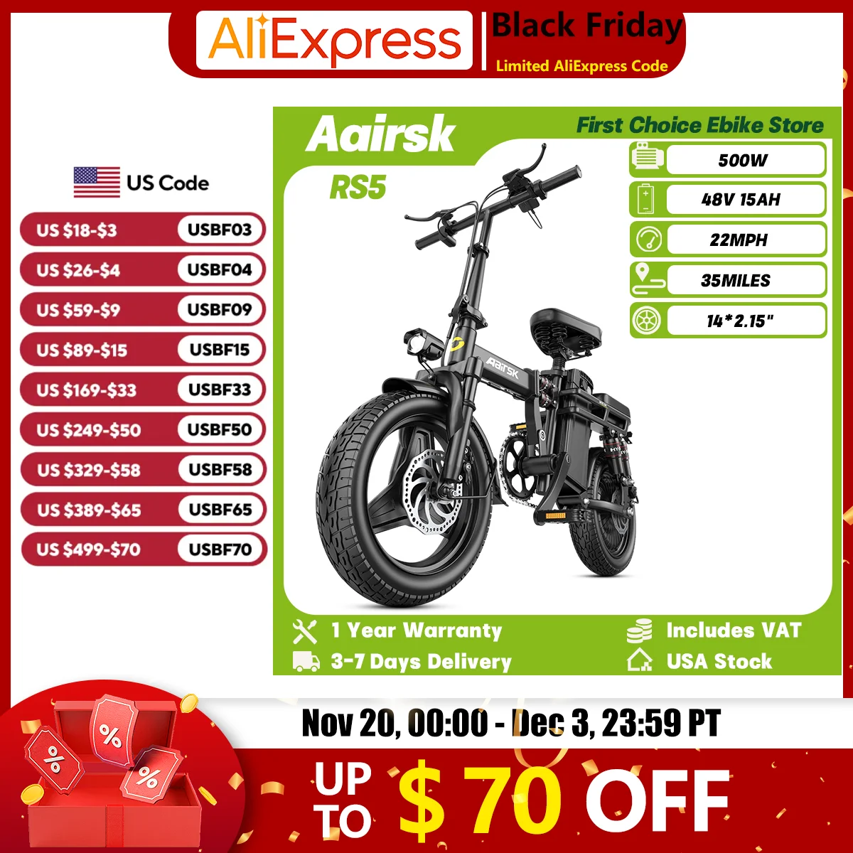 

Aairsk RS5 Adult City Ebike 500W Motor 48V 15Ah Battery Folding Electric Bicycle 14*2.15 Inch Tire Commuting Electric Bike