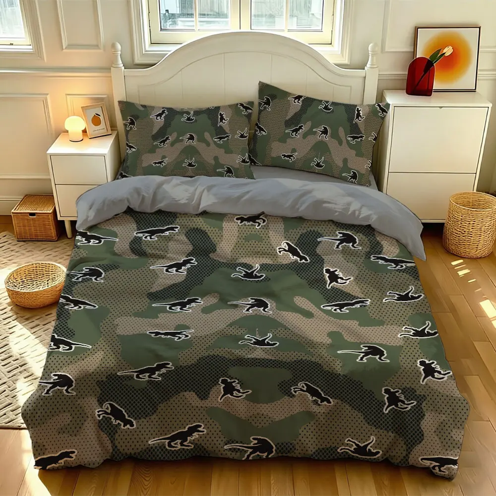 Camo Dinosaur Skeleton Duvet Cover Set 3 Piece Military Green T-Rex Fossil Bedding Set with Pillowcases for Boys Room