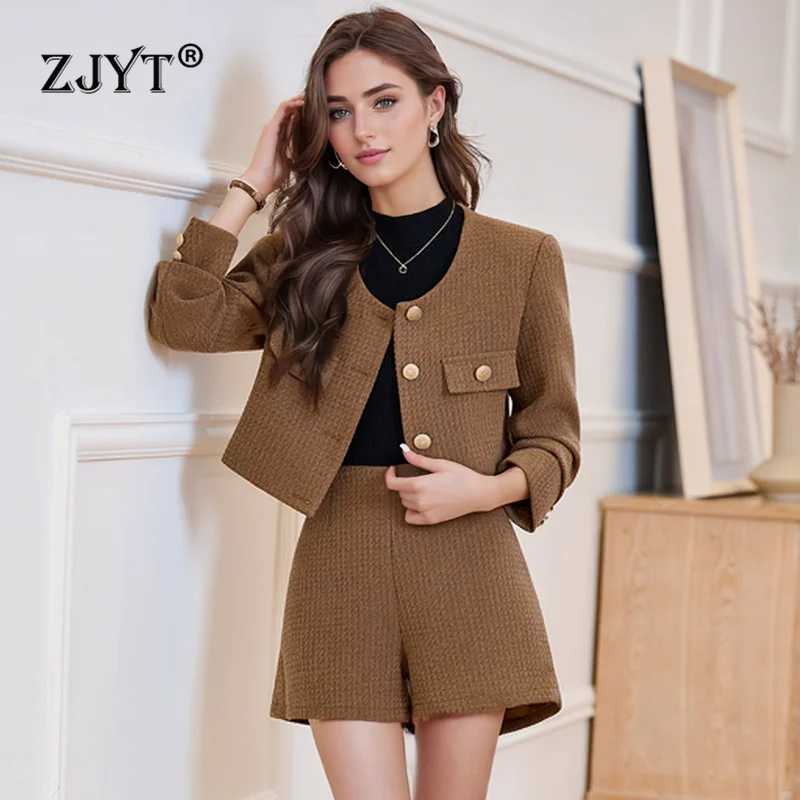 

ZJYT Autumn Winter Elegant Women's Sets Two Piece Conjuntos Cortos Long Sleeve Jacket and Shorts Suit Matching Set Female Outfit