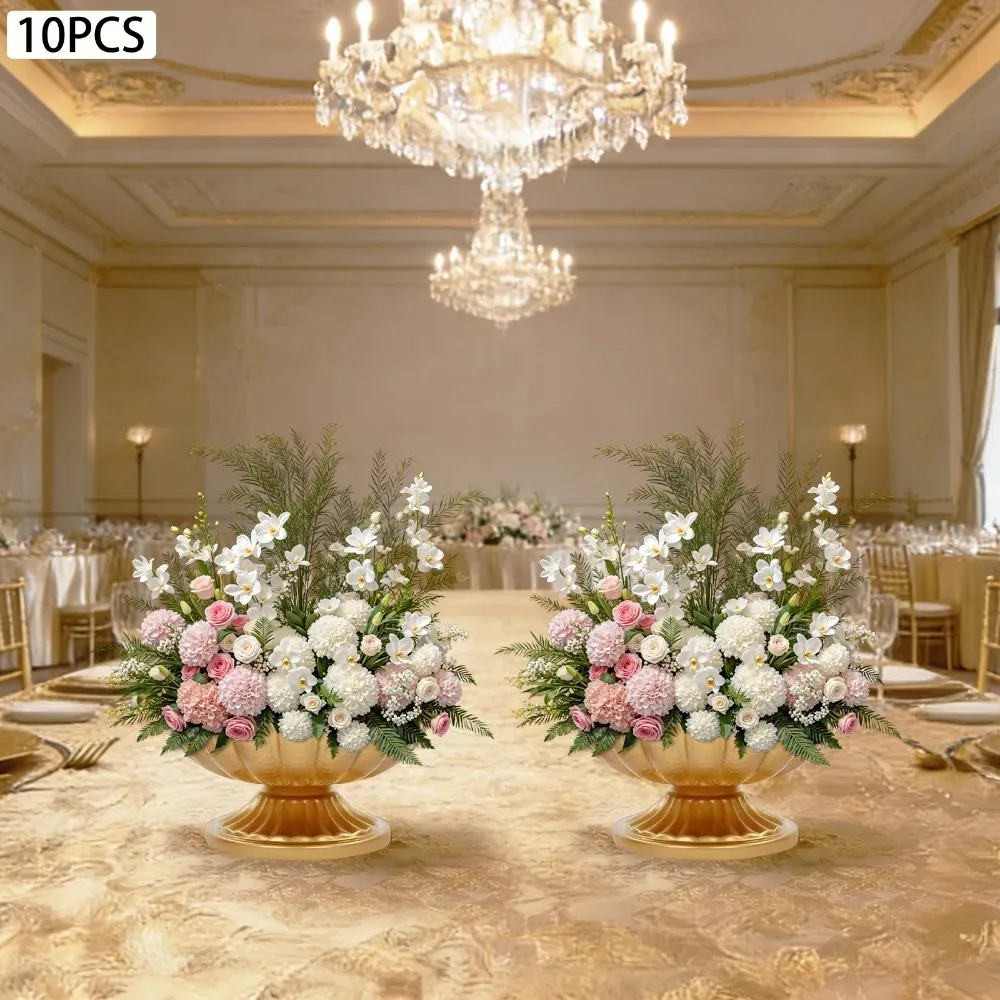 Table Wedding Flower Vase, 10 Pieces Metal Small Flower Vases, 18cm Diameter, 10cm Height, Gold Painted Cast Iron, Durable DIY Floral Decor Set