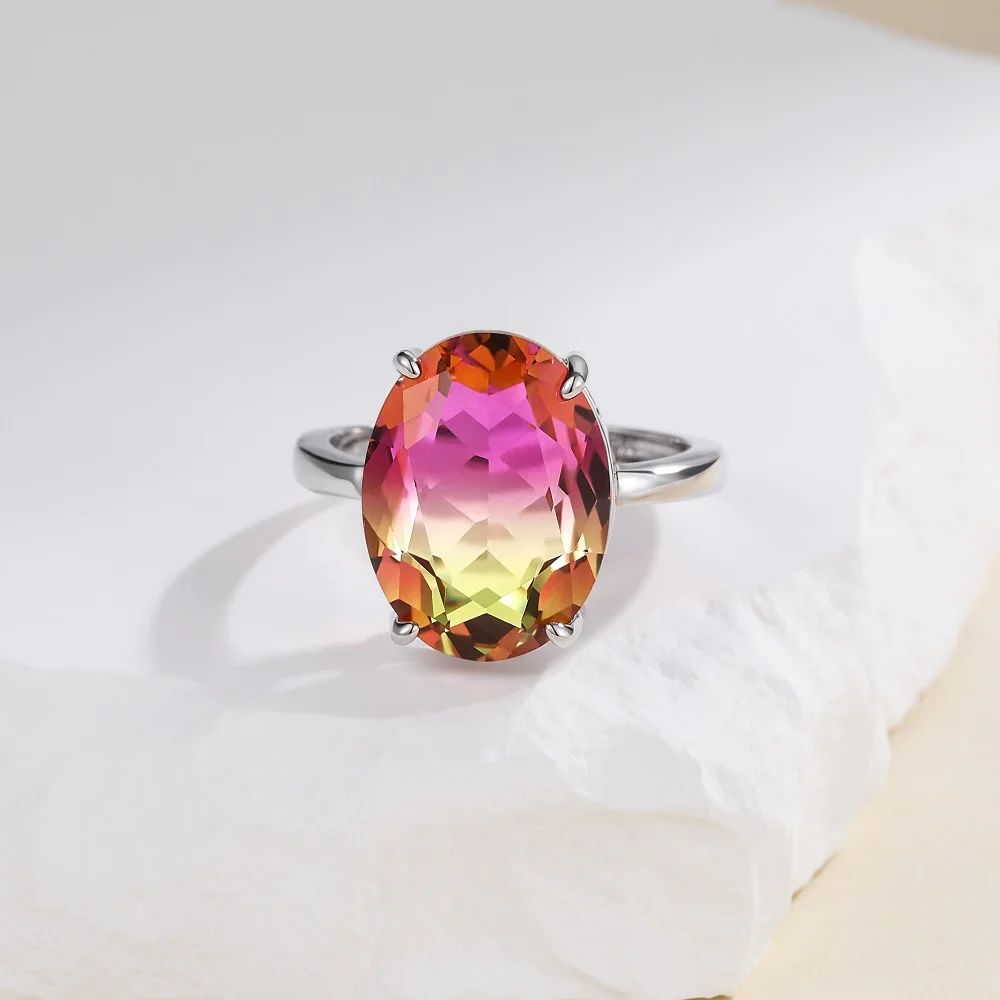 Monkton Genuine Rainbow Quartz Cocktail Rings for Women 12*16mm Oval Synthetic Stone Promise Rings for Her Anniversary Gift