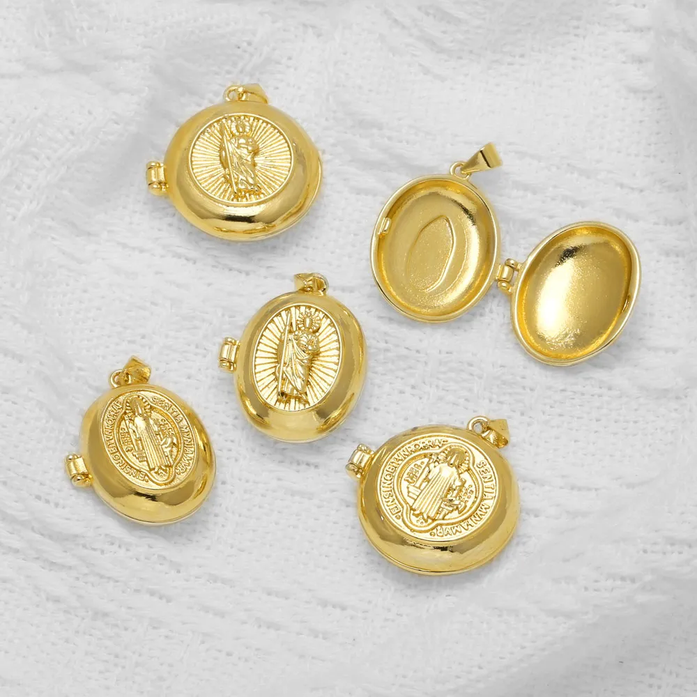 OCESRIO San Judas Virgin Mary Locket Pendants Gold Plated Copper Saint Benedict Medallion Charms for Jewelry Making pdtb967