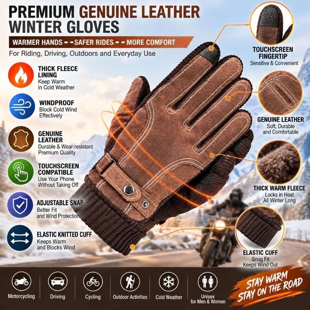 Full Finger Genuine Leather Gloves Touch Screen Waterproof Riding Cycling Gloves Non Slip Windproof Fleece Lined Gloves
