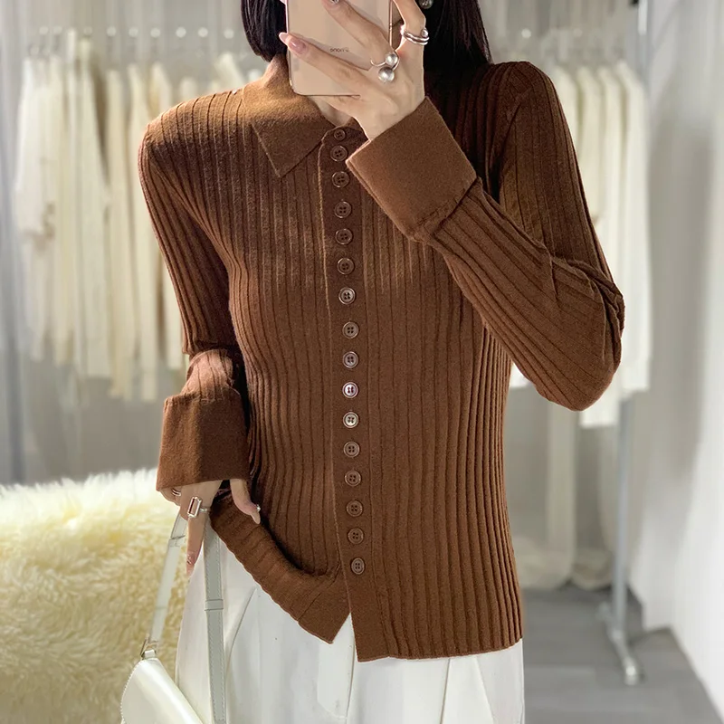 Women\'s Cardigan Autumn/Winter 100% Wool Sweater Casual Solid Color Knitted Sweater POLO Neck Tops All-match Basic Slim Blouse