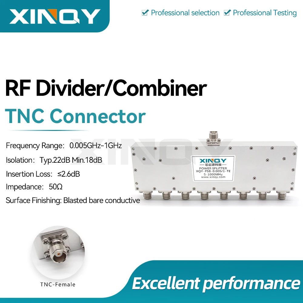 XINQY TNC Female 1-to-8 Power Splitter, 5-1000MHz Ferrite Divider, Low-Frequency Clock & Timing Signal Distributor