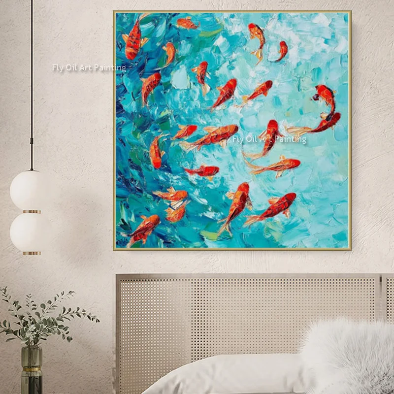 Green Yellow Country Side Wall Art Handmade Landscape Artwork Modern Blue Sea Red Kois Oil Painting On Canvas For Home Decor