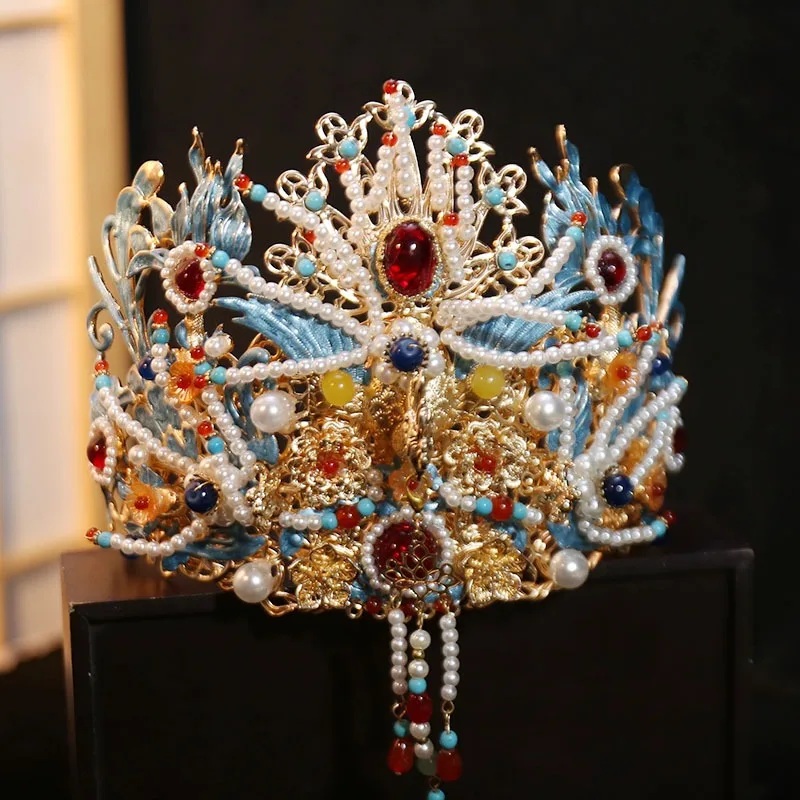 Chinese Hanfu Style Phoenix Hair Crown Hairpin Ancient Costume Accessory Blue Enamel Tassel Jewelry Set for Women Wedding Decor