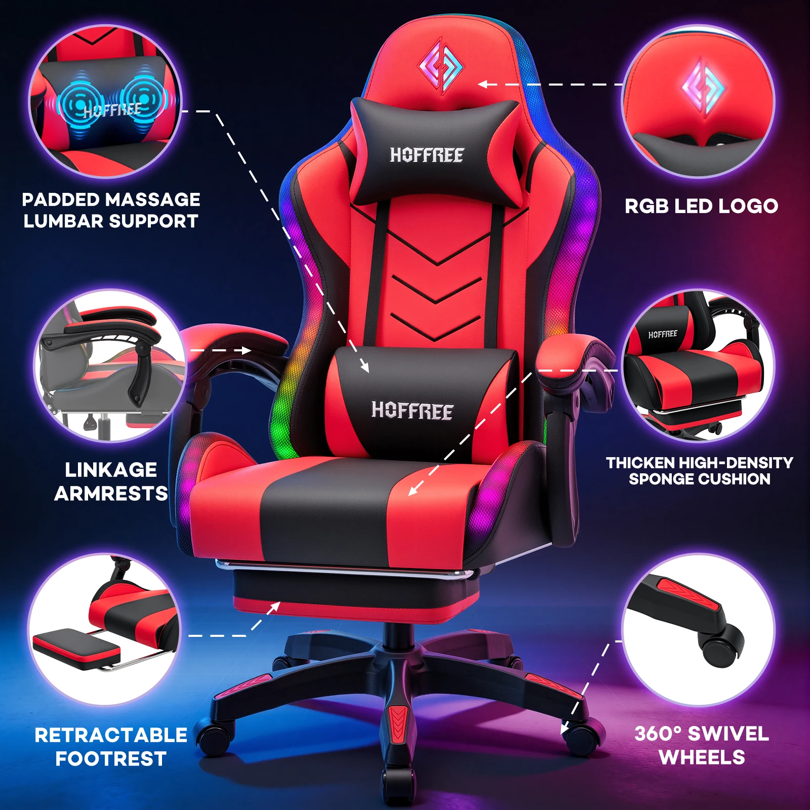 Silla de Oficina Ergonómica para Juegos con Luces LED RGB de Ritmo Musical, Altavoces Inalámbricos, Reposapiés Integrado y Funciones de Masaje, Soporta hasta 400 libras