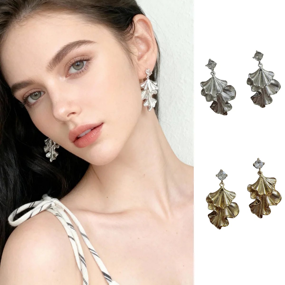 

Pleated Leaf Pendant Stud Earrings Stylish Everyday Elegance Luxury-Inspired Silver Stud Earrings for Women Gift